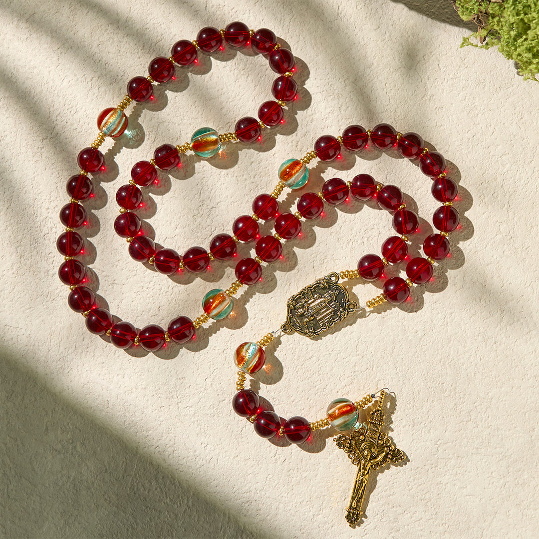 Christianartworkshop Chapelet Notre-Dame de Fatima avec perles rouge vin et arc-en-ciel scintillantes. - image 2
