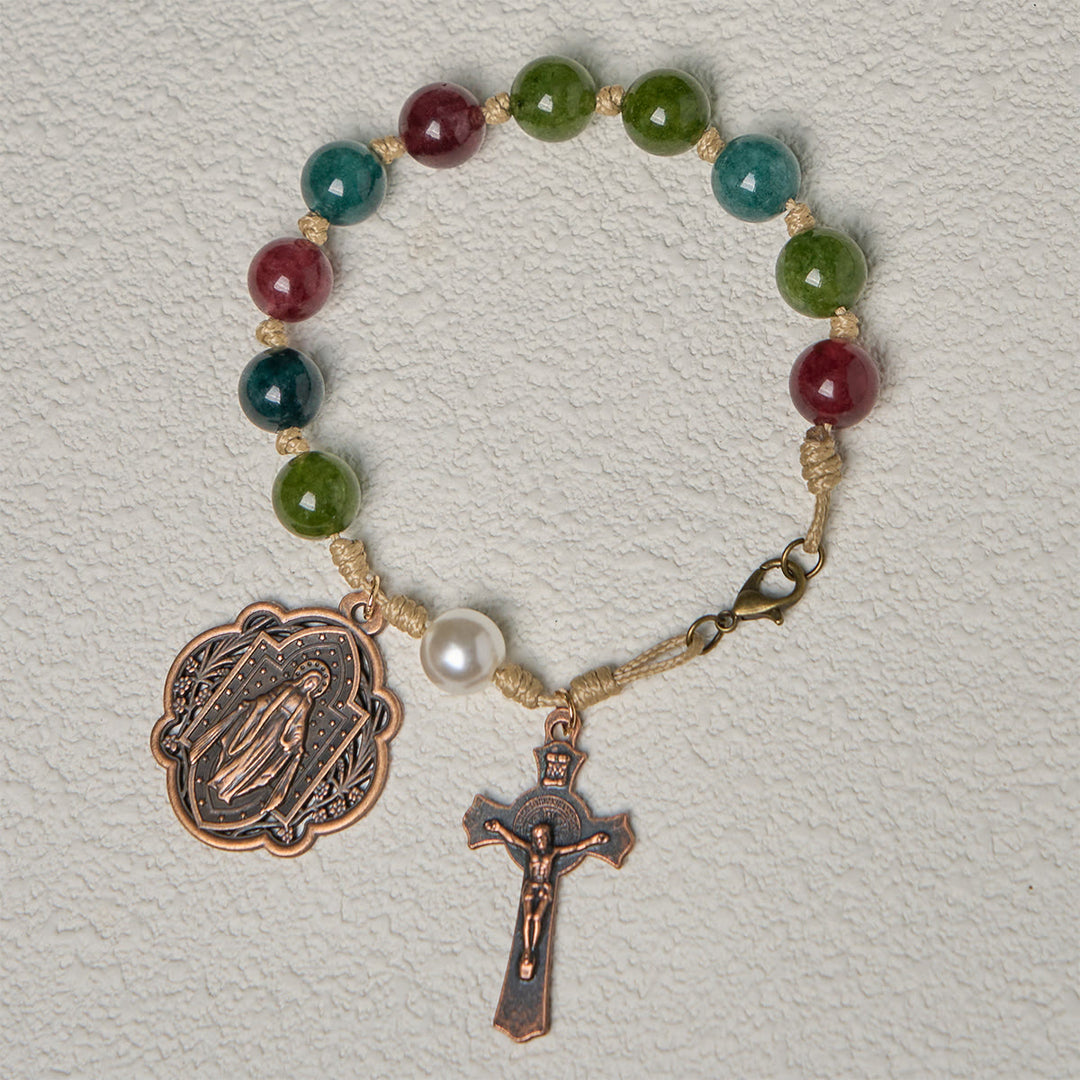 Christianartworkshop Bracelets en agate tourmaline naturelle de 10 mm avec médaille miraculeuse et crucifix - image 4