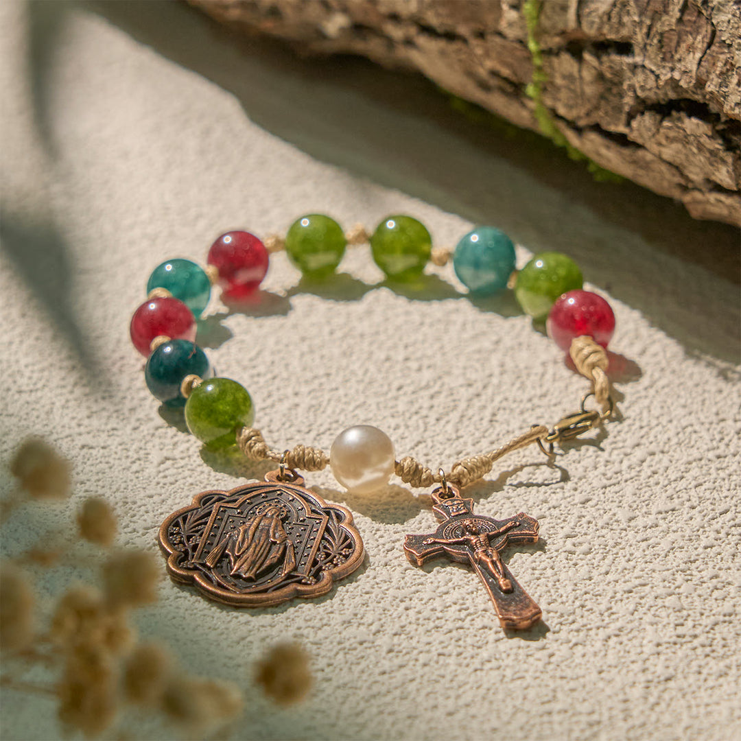 Christianartworkshop Bracelets en agate tourmaline naturelle de 10 mm avec médaille miraculeuse et crucifix - image 1