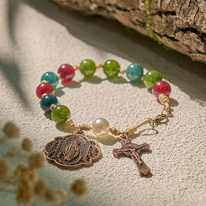 Christianartworkshop Bracelets en agate tourmaline naturelle de 10 mm avec médaille miraculeuse et crucifix - image 1