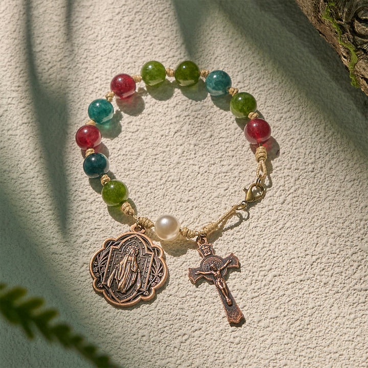 Christianartworkshop Bracelets en agate tourmaline naturelle de 10 mm avec médaille miraculeuse et crucifix - Agate tourmaline - image 0