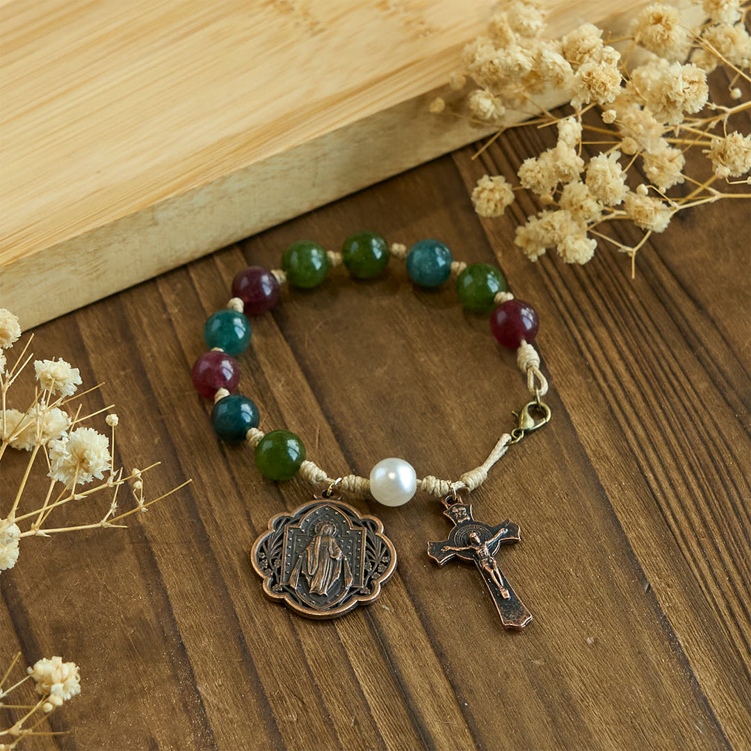 Christianartworkshop Bracelets en agate tourmaline naturelle de 10 mm avec médaille miraculeuse et crucifix - image 3