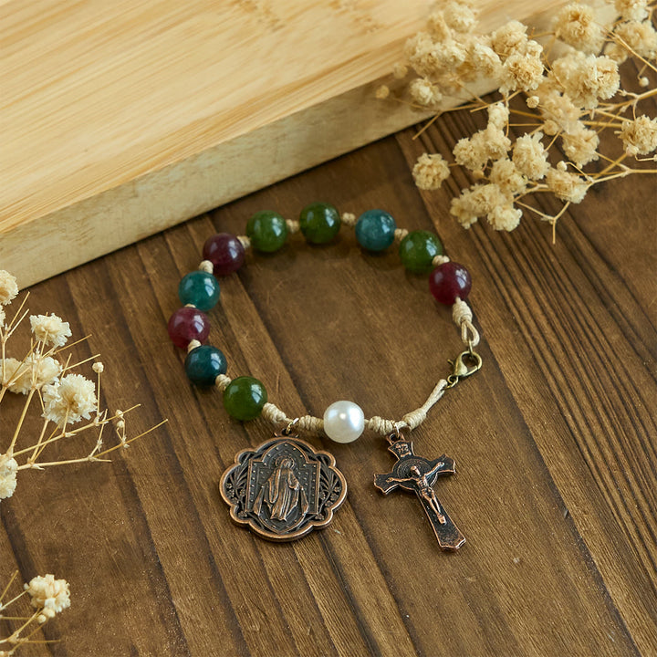 Christianartworkshop Bracelets en agate tourmaline naturelle de 10 mm avec médaille miraculeuse et crucifix - image 3