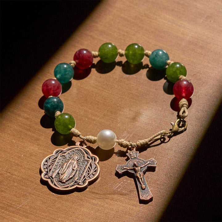 Christianartworkshop Bracelets en agate tourmaline naturelle de 10 mm avec médaille miraculeuse et crucifix - image 2