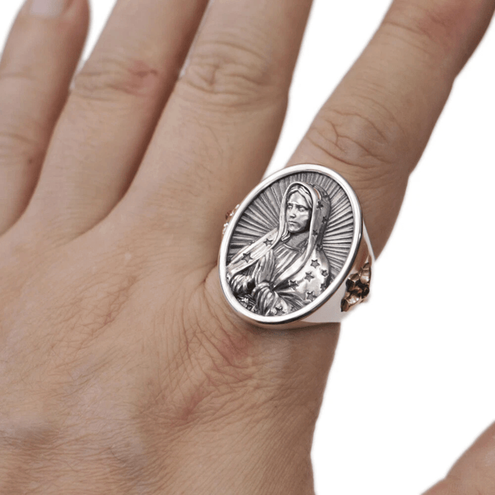 Bague ovale Vierge Marie en argent 925, signée Christianartworkshop. Protection divine et prière. - image 7