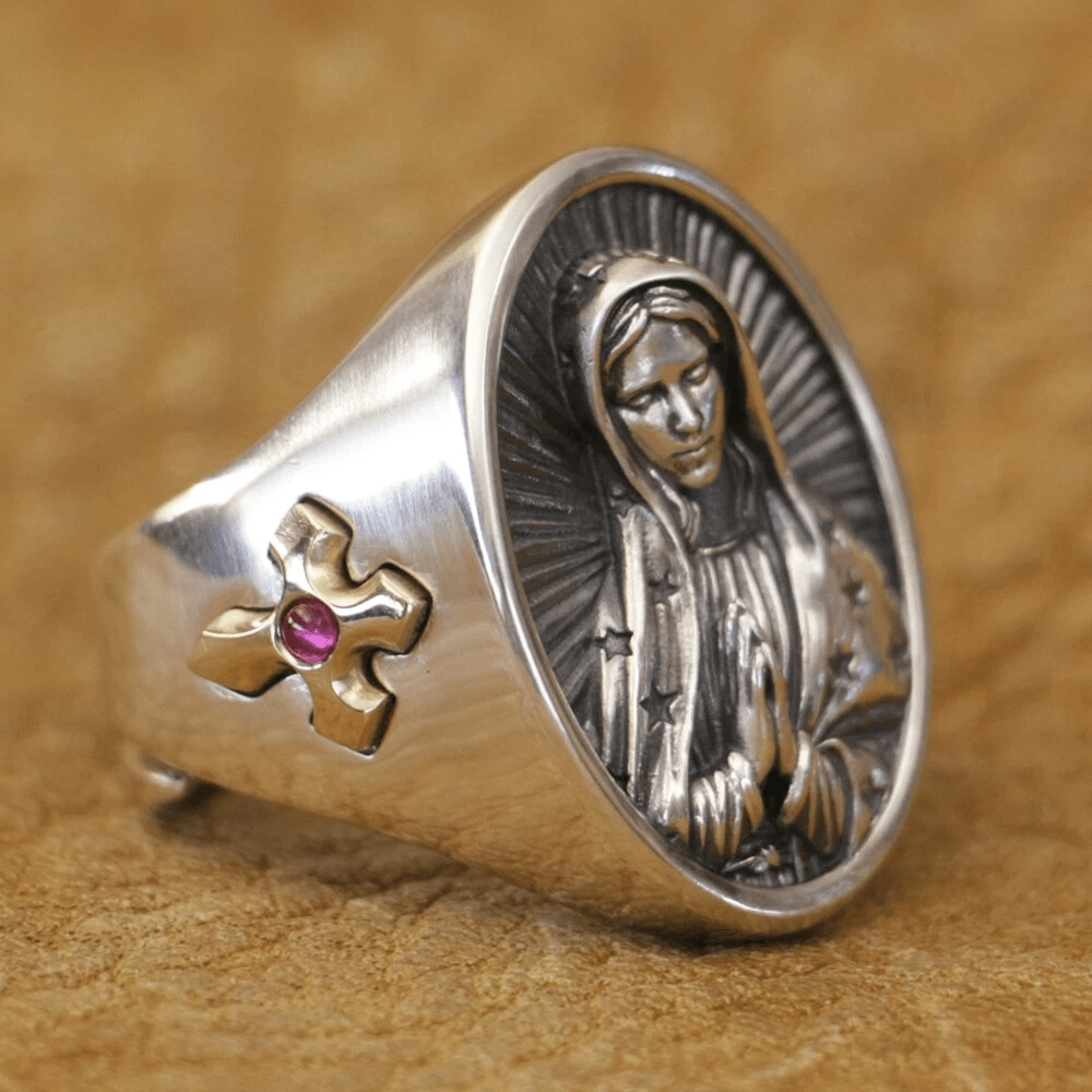 Bague ovale Vierge Marie en argent 925, signée Christianartworkshop. Protection divine et prière. - image 3
