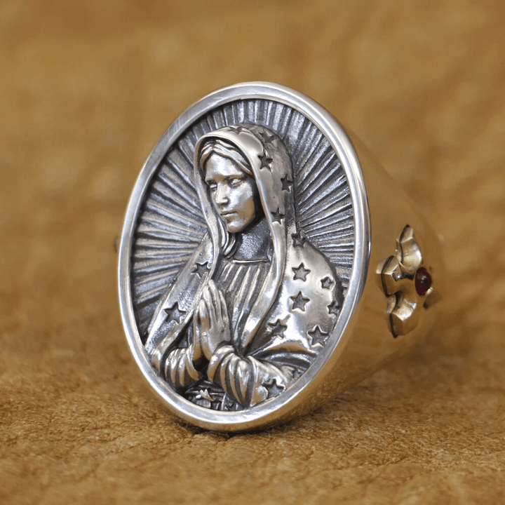 Bague ovale Vierge Marie en argent 925, signée Christianartworkshop. Protection divine et prière. - image 2