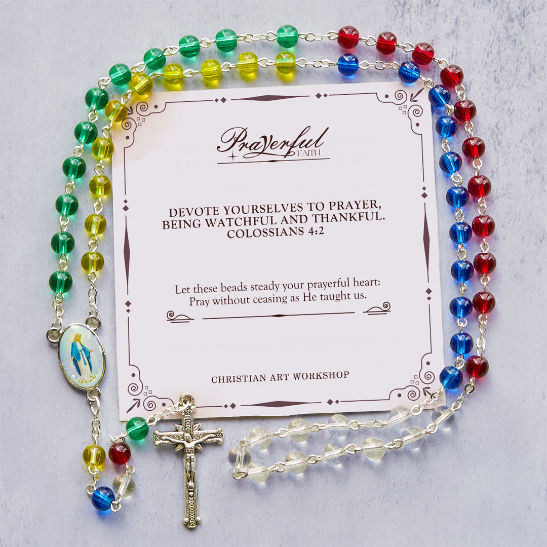 Christianartworkshop FOI PRIÈRE : Chapelet de perles multicolores transparentes arc-en-ciel de 6 mm avec carte cadeau - Notre-Dame et le Crucifix - image 0