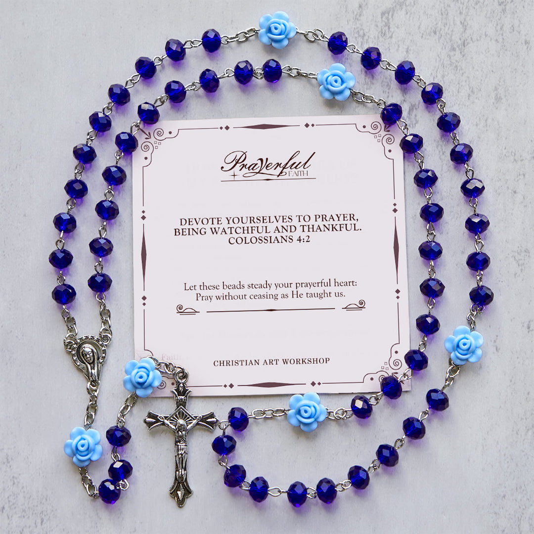 Christianartworkshop FOI PRIÉE : Chapelet polyédrique multicolore à perles de roses et fleurs avec carte cadeau - Bleu - image 0