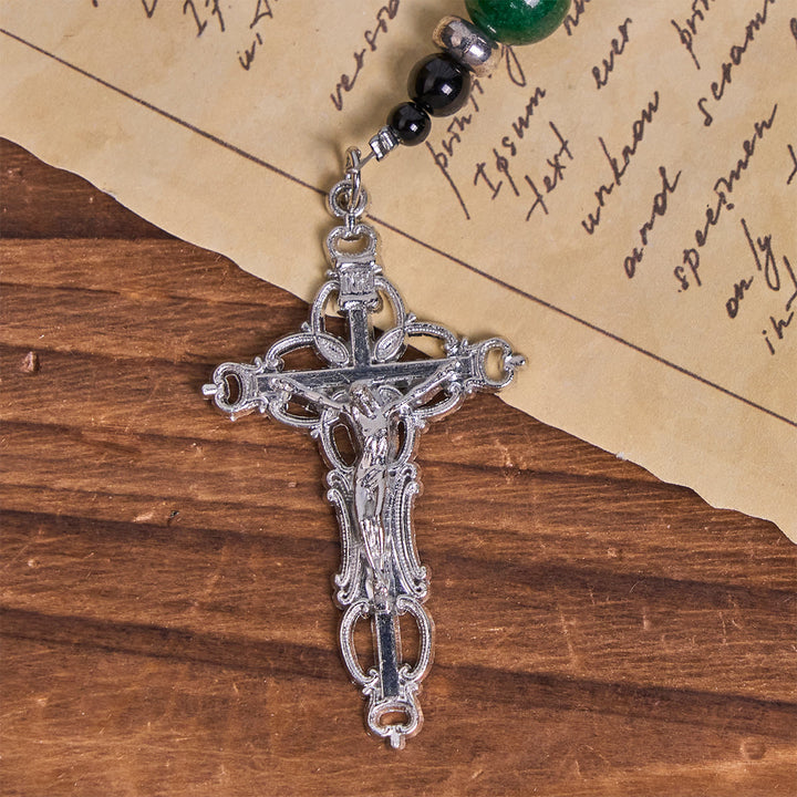 Christianartworkshop FOI PRIÉE : Chapelet fait main en obsidienne et jade, orné d'un crucifix et de perles de 8 mm, avec croix et pendentif Saint Benoît. - image 13