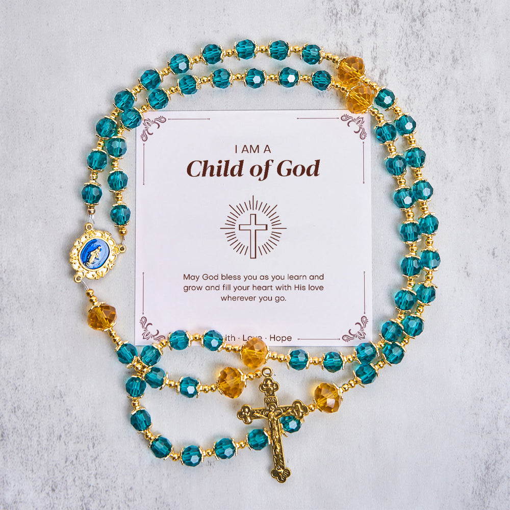 Christianartworkshop Jésus est le cadeau : Chapelet fait main en perles de cristal bleu paon avec carte cadeau - Enfant de Dieu - image 1