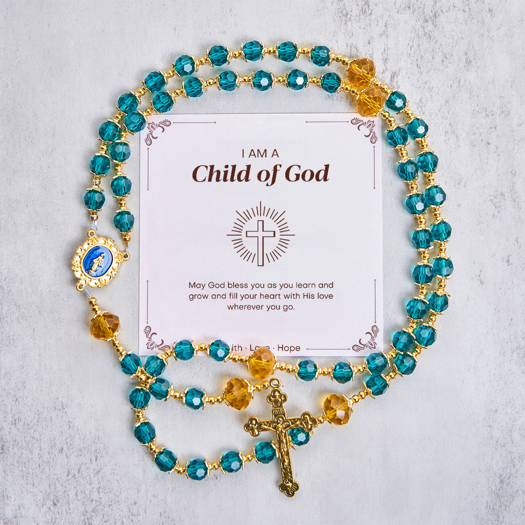 Christianartworkshop Jésus est le cadeau : Chapelet fait main en perles de cristal bleu paon avec carte cadeau - Enfant de Dieu - image 1