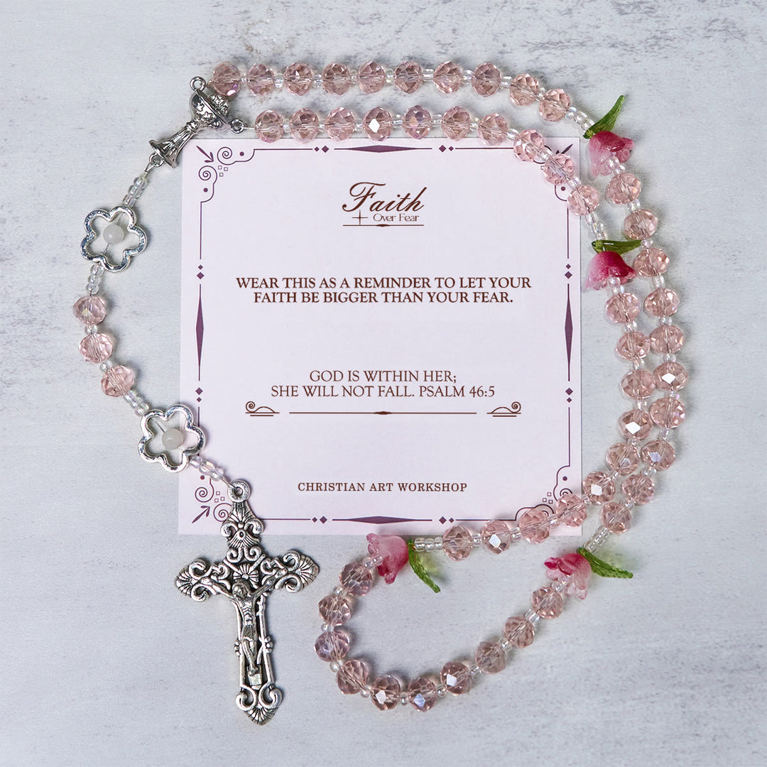 Christianartworkshop Jésus est le cadeau : Chapelet élégant en cristal rose fait main avec perles roses en 3D et carte cadeau - LA FOI PLUTÔT QUE LA PEUR - image 3