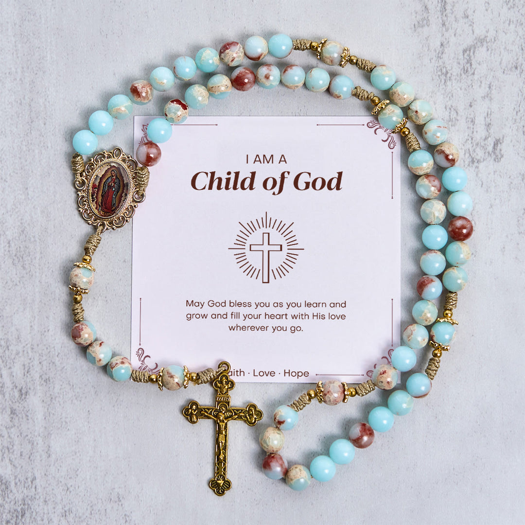 Christianartworkshop FOI PRIÉE : Chapelet de prière artisanal en pierre d'eau avec carte cadeau - Enfant de Dieu - image 1