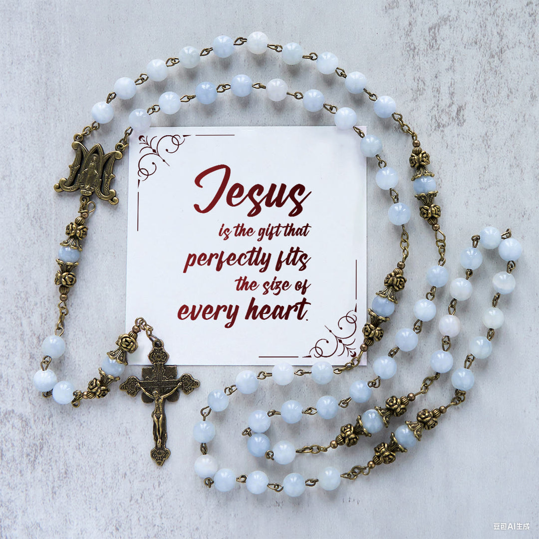 Christianartworkshop FOI PRIÉE : Chapelet fait main avec perles de jade bleu clair et laiton, accompagné d'une carte cadeau - Jésus est le don - image 1