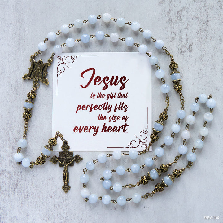 Christianartworkshop FOI PRIÉE : Chapelet fait main avec perles de jade bleu clair et laiton, accompagné d'une carte cadeau - Jésus est le don - image 1