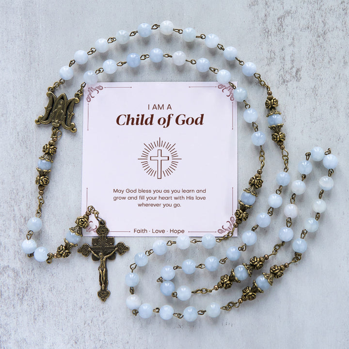 Christianartworkshop FOI PRIÉE : Chapelet fait main avec perles de jade bleu clair et laiton, accompagné d'une carte cadeau - Enfant de Dieu - image 2