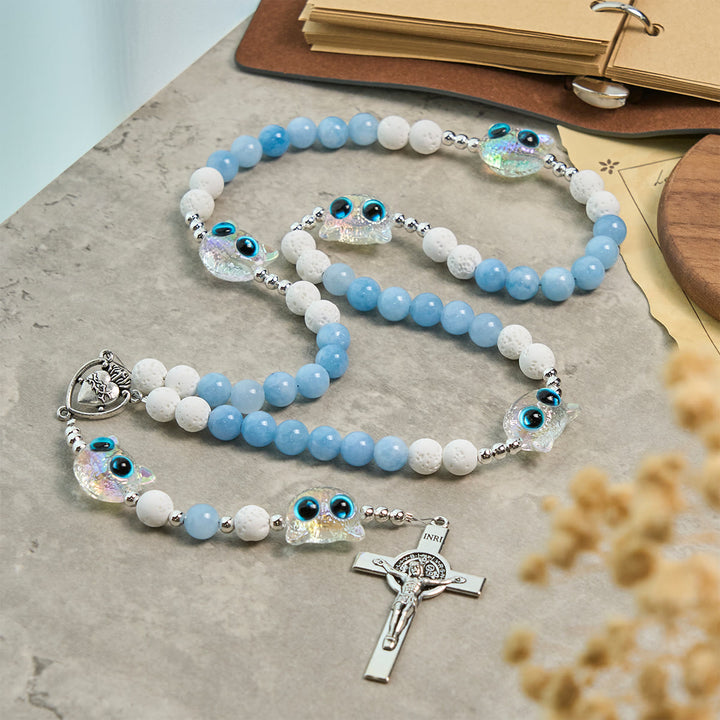 Christianartworkshop Chapelet commémoratif en verre représentant un chat, orné d'aigue-marine et de pierres de lave blanche. - Chapelet de chat - image 0