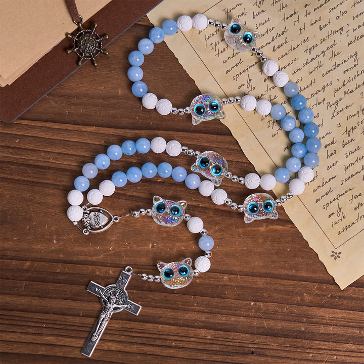 Christianartworkshop Chapelet commémoratif en verre représentant un chat, orné d'aigue-marine et de pierres de lave blanche. - image 5