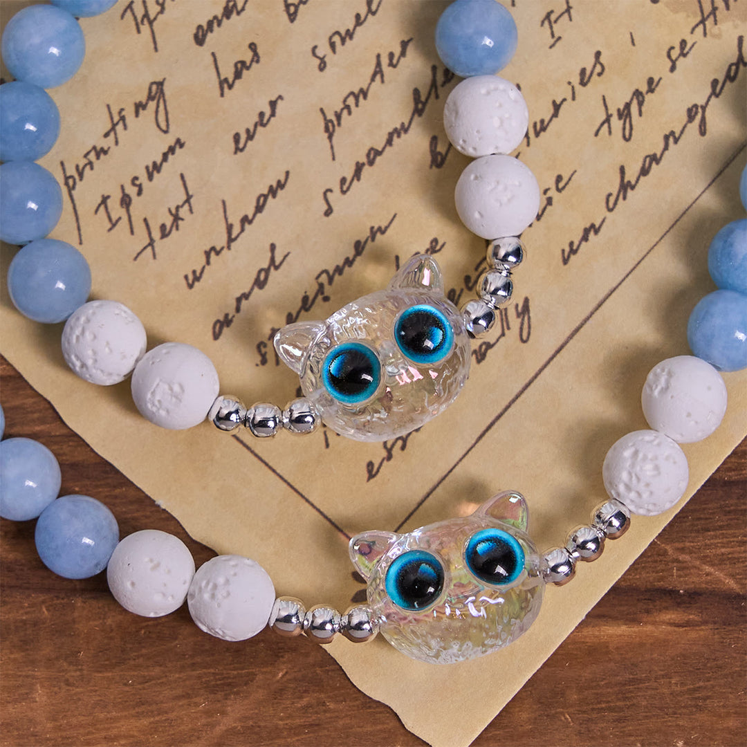 Christianartworkshop Chapelet commémoratif en verre représentant un chat, orné d'aigue-marine et de pierres de lave blanche. - image 7