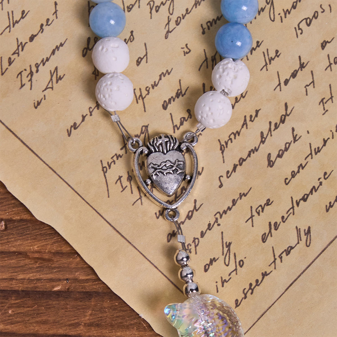 Christianartworkshop Chapelet commémoratif en verre représentant un chat, orné d'aigue-marine et de pierres de lave blanche. - image 8