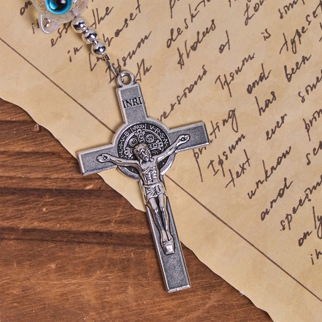 Christianartworkshop Chapelet commémoratif en verre représentant un chat, orné d'aigue-marine et de pierres de lave blanche. - image 9