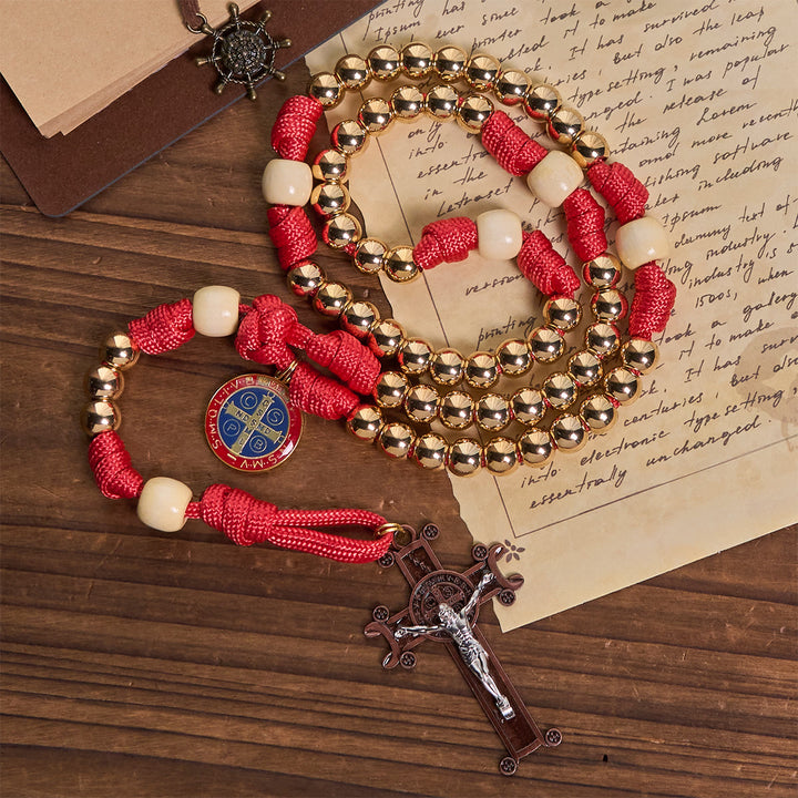 Christianartworkshop Chapelet en paracorde rouge avec perles Golden Glory et saint Benoît - Saint Benoît et le Crucifix - image 0