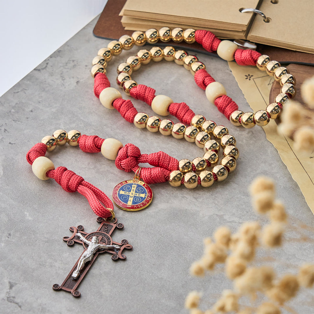Christianartworkshop Chapelet en paracorde rouge avec perles Golden Glory et saint Benoît - image 1