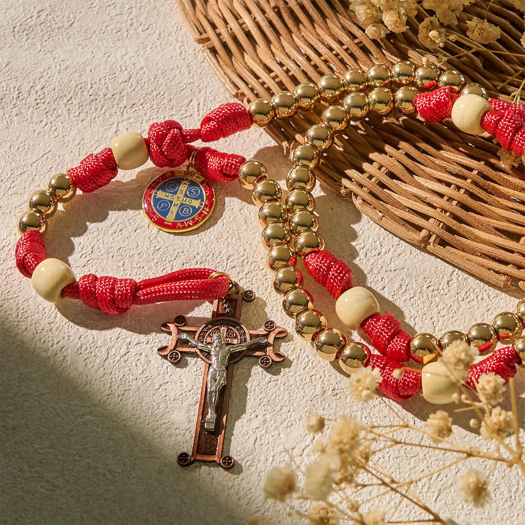 Christianartworkshop Chapelet en paracorde rouge avec perles Golden Glory et saint Benoît - image 3