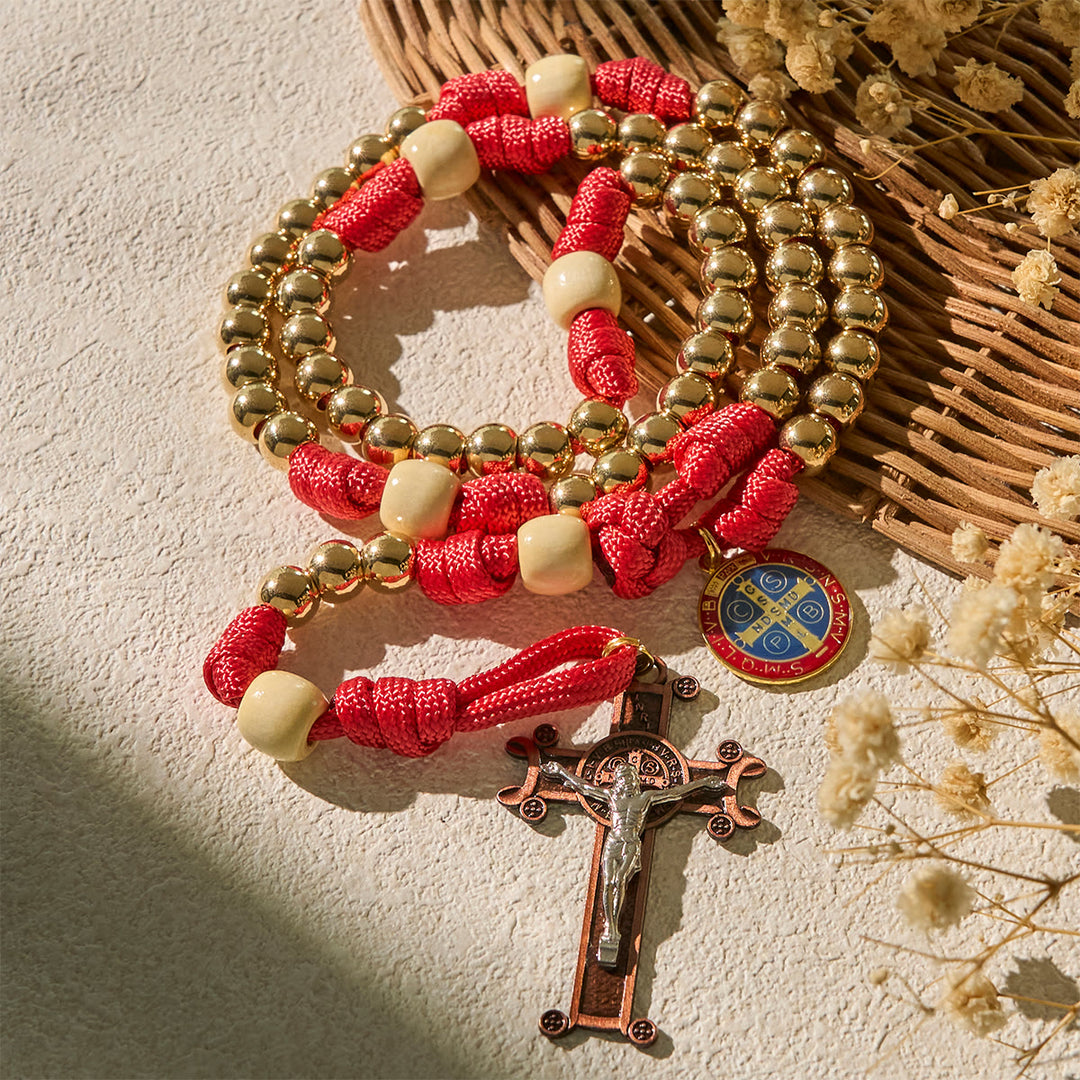 Christianartworkshop Chapelet en paracorde rouge avec perles Golden Glory et saint Benoît - image 2