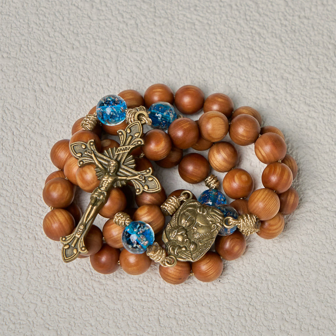 Christianartworkshop Chapelet rustique en bois de thuya et bleu océan avec les conseils et la bénédiction de la Sainte Famille - image 1