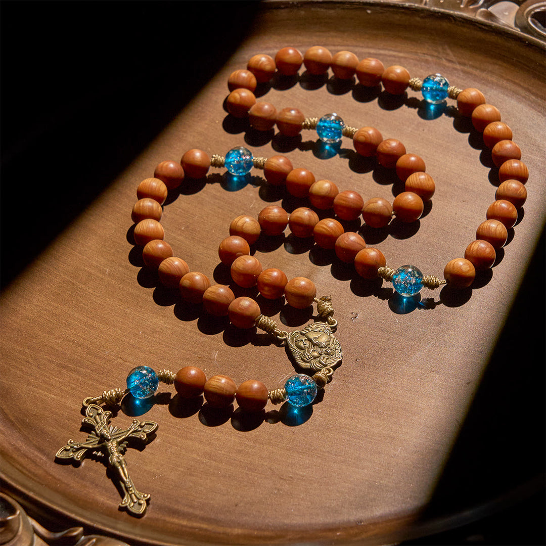 Christianartworkshop Chapelet rustique en bois de thuya et bleu océan avec les conseils et la bénédiction de la Sainte Famille - Sainte Famille - image 0