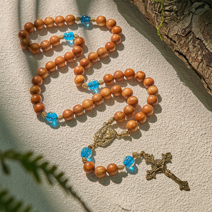 Christianartworkshop Chapelet rustique en bois de thuya et bleu océan avec les conseils et la bénédiction de la Sainte Famille - image 2
