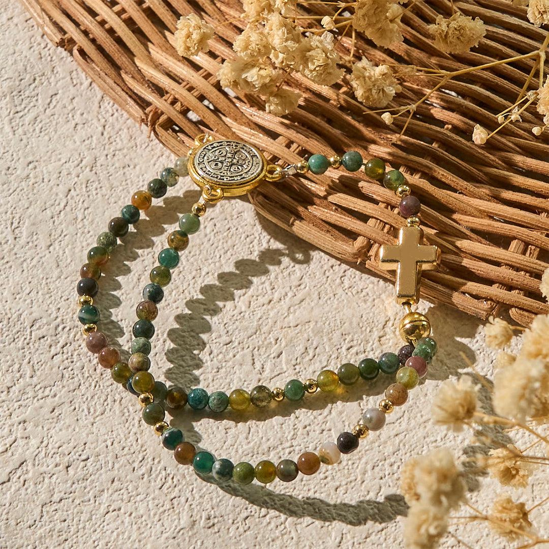 Christianartworkshop Bracelets chapelet artisanaux aux tons naturels avec croix et breloque Saint Benoît - image 4