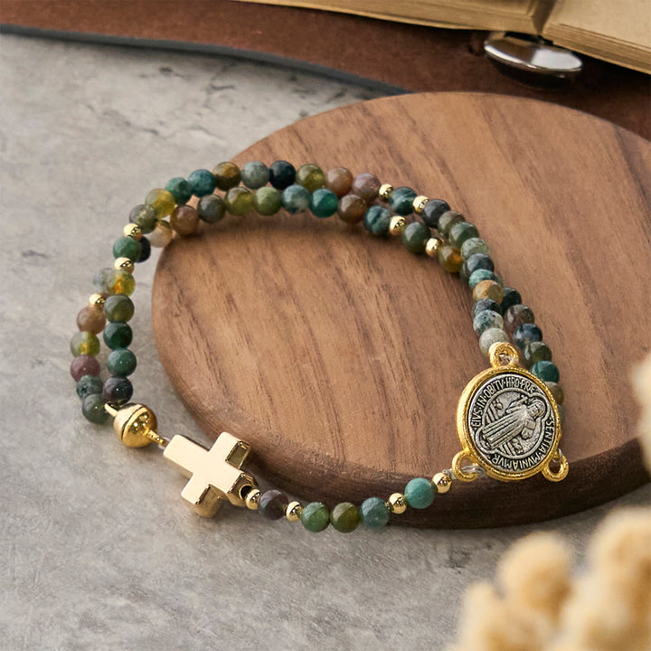 Christianartworkshop Bracelets chapelet artisanaux aux tons naturels avec croix et breloque Saint Benoît - image 5