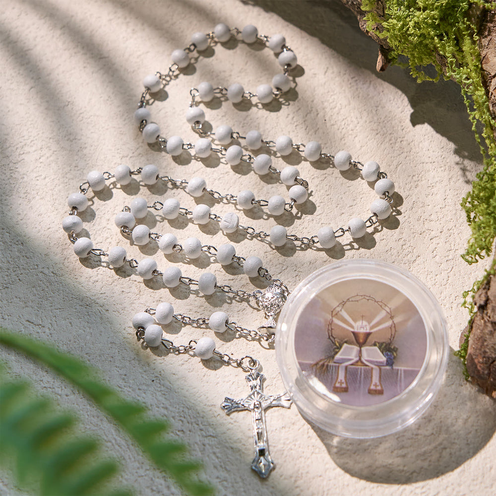 Christianartworkshop Chapelet de communion en bois blanc, calice divin, avec coffret cadeau - Calice baptismal - image 1