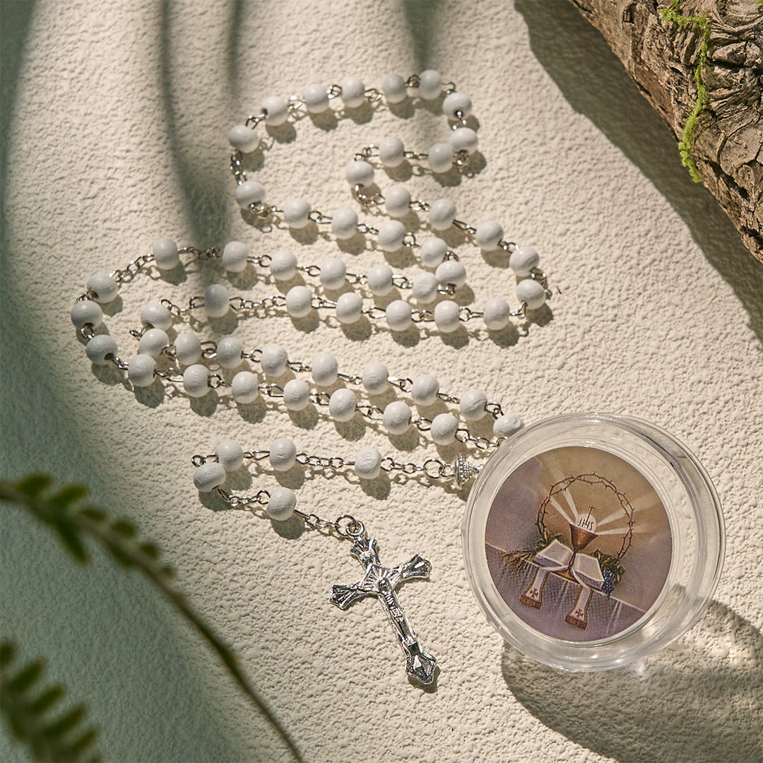 Christianartworkshop Chapelet de communion en bois blanc, calice divin, avec coffret cadeau - image 3