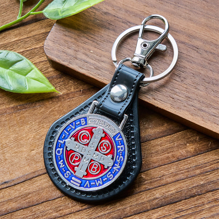 Christianartworkshop Porte-clés en cuir Croix de Saint Benoît pour la protection spirituelle quotidienne - Saint Benoît - image 0