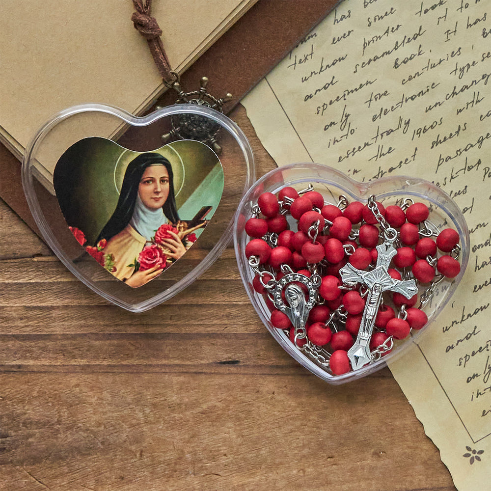 Christianartworkshop Chapelet à perles rouge vin avec Notre-Dame et crucifix dans un coffret en forme de cœur de Sainte Thérèse - image 1