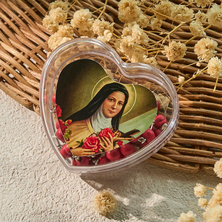 Christianartworkshop Chapelet à perles rouge vin avec Notre-Dame et crucifix dans un coffret en forme de cœur de Sainte Thérèse - image 3