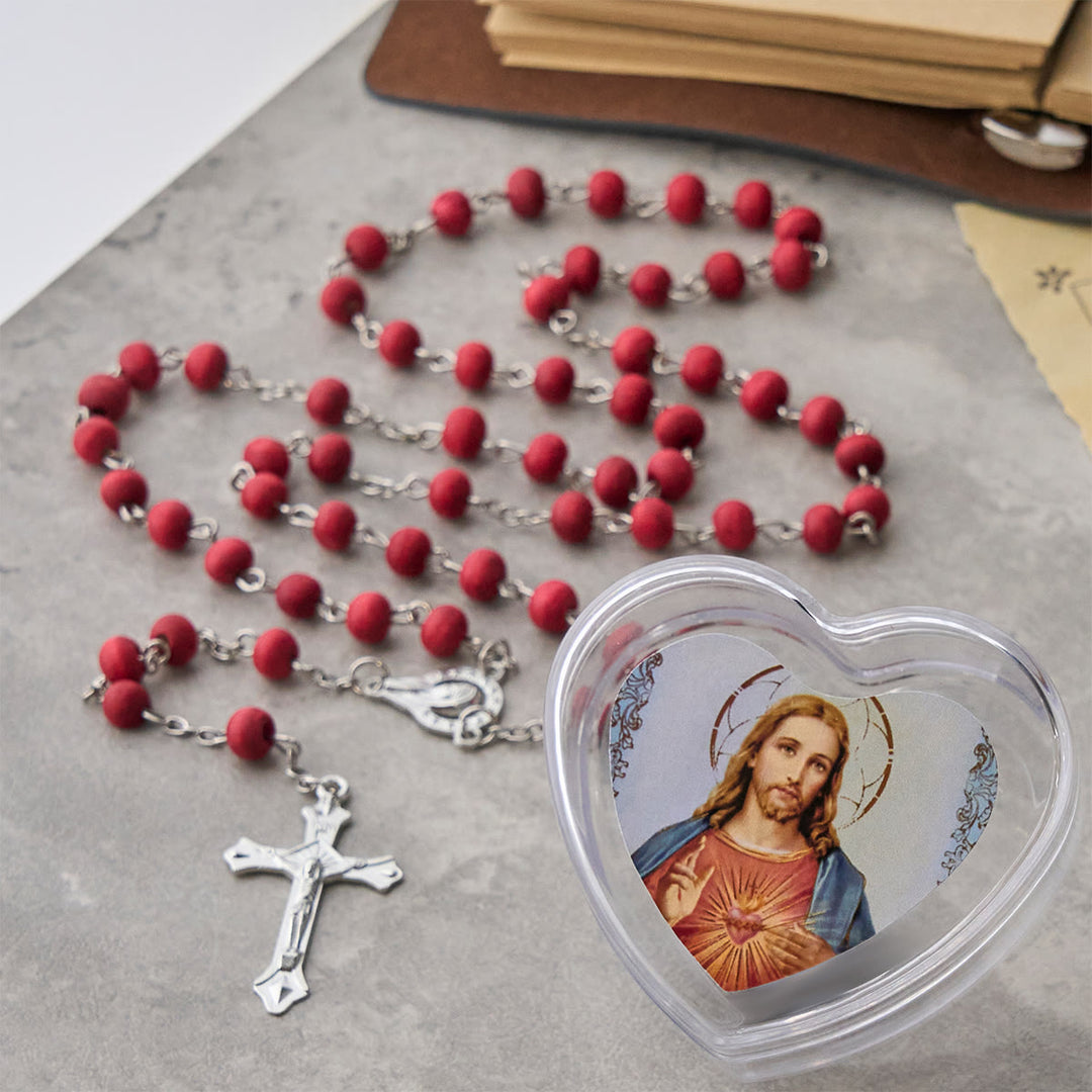 Christianartworkshop Chapelet à grains rouge vin du Sacré-Cœur de Jésus, avec boîte en forme de cœur - image 3
