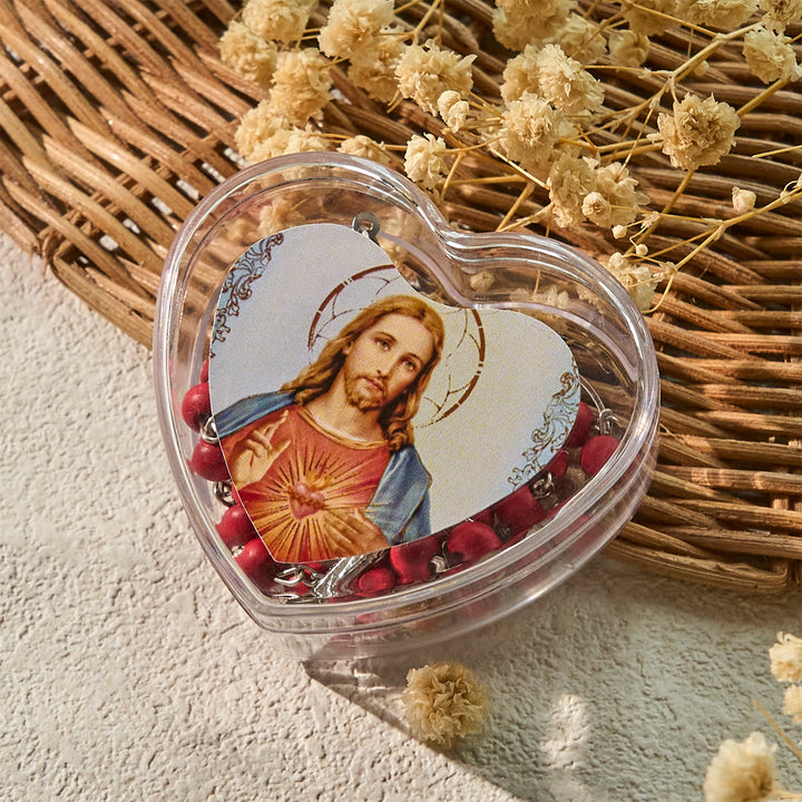 Christianartworkshop Chapelet à grains rouge vin du Sacré-Cœur de Jésus, avec boîte en forme de cœur - image 2
