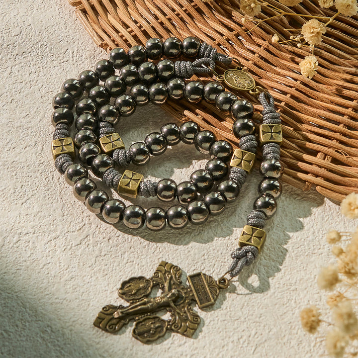 Christianartworkshop Médaille miraculeuse et crucifix de 8 mm, rond, argent, pierre biliaire noire, cordon en nylon, chapelet - image 4