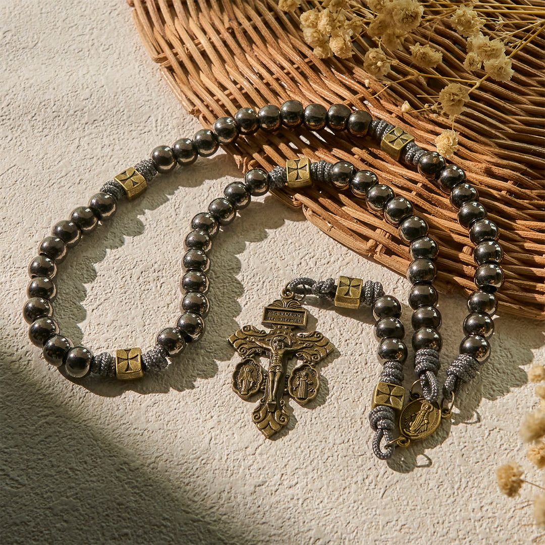Christianartworkshop Médaille miraculeuse et crucifix de 8 mm, rond, argent, pierre biliaire noire, cordon en nylon, chapelet - image 3