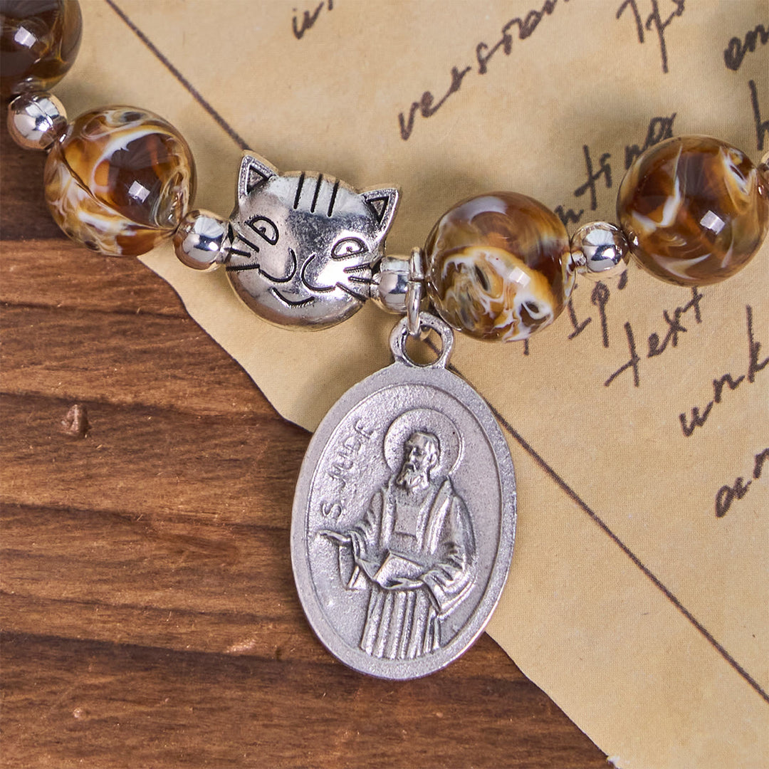 Christianartworkshop Bracelet chapelet animalier en hommage à un chat tigré brun, orné de perles d'ambre faites main. - image 5