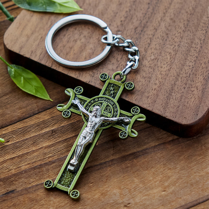 Christianartworkshop Crucifix vert antique et argent antique avec porte-clés Saint Benoît - Vert antique - image 0