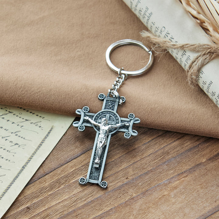Christianartworkshop Crucifix vert antique et argent antique avec porte-clés Saint Benoît - image 7