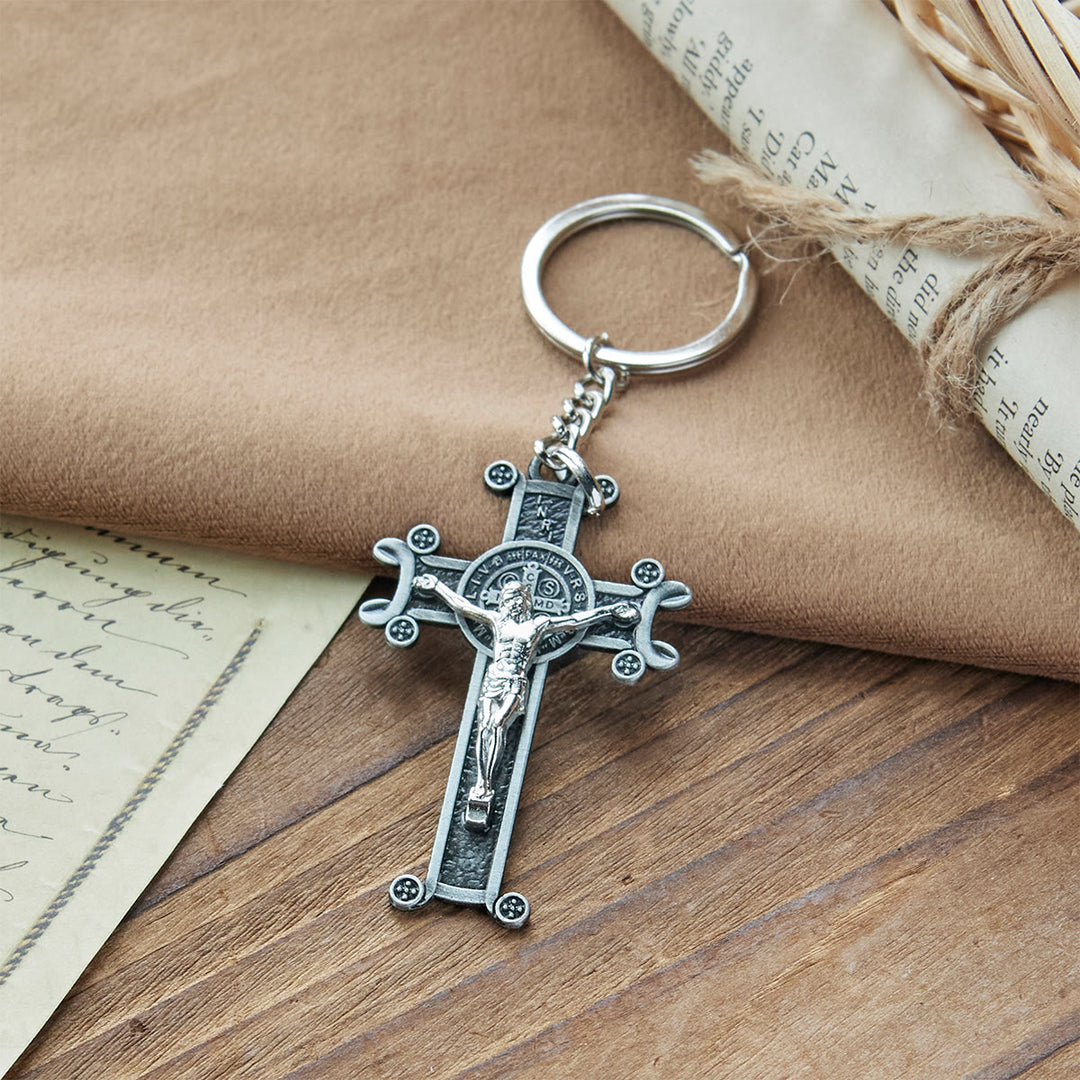 Christianartworkshop Crucifix vert antique et argent antique avec porte-clés Saint Benoît - image 7