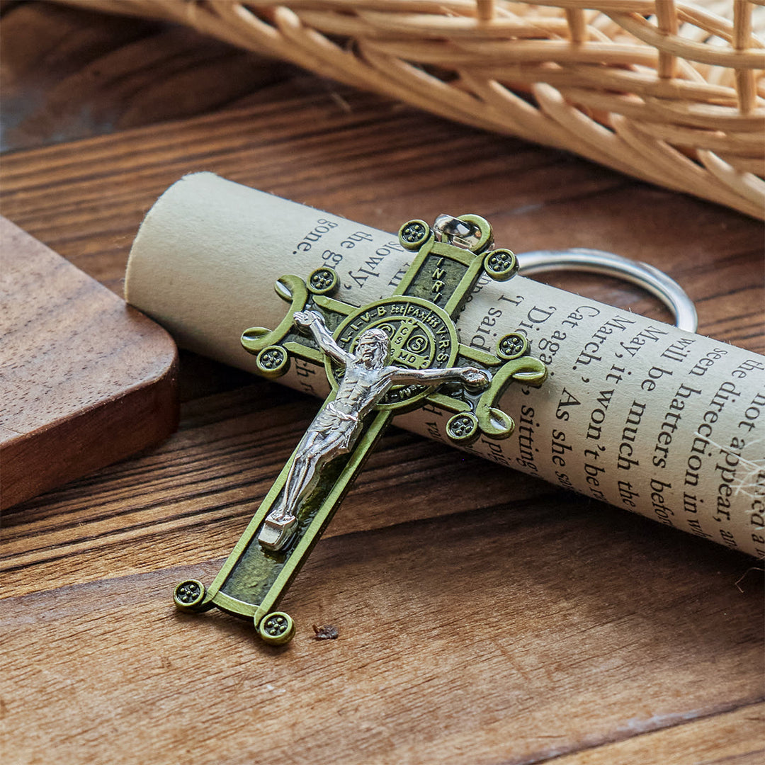 Christianartworkshop Crucifix vert antique et argent antique avec porte-clés Saint Benoît - image 4