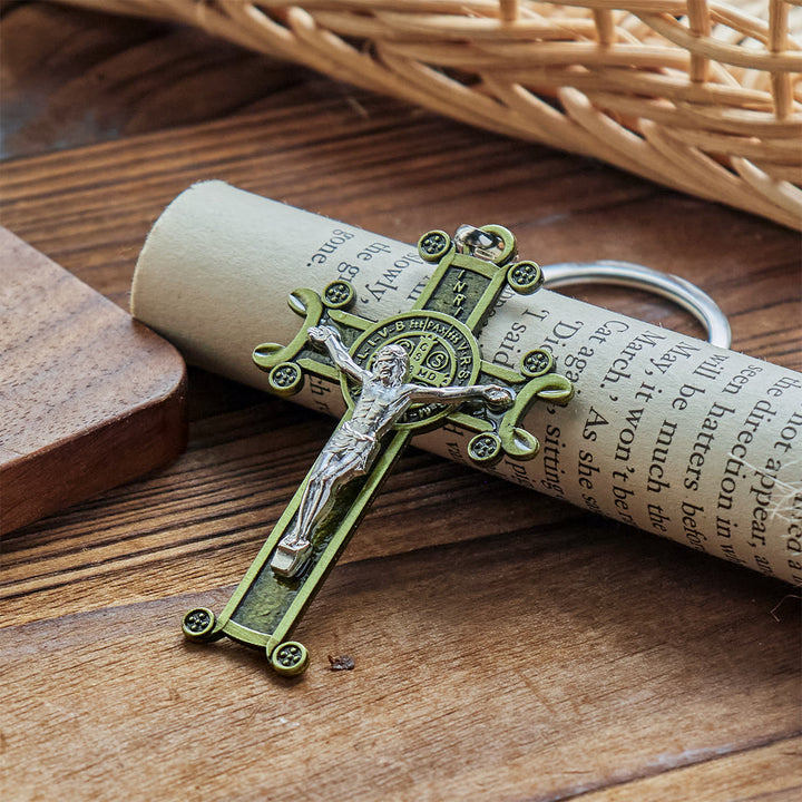 Christianartworkshop Crucifix vert antique et argent antique avec porte-clés Saint Benoît - image 4